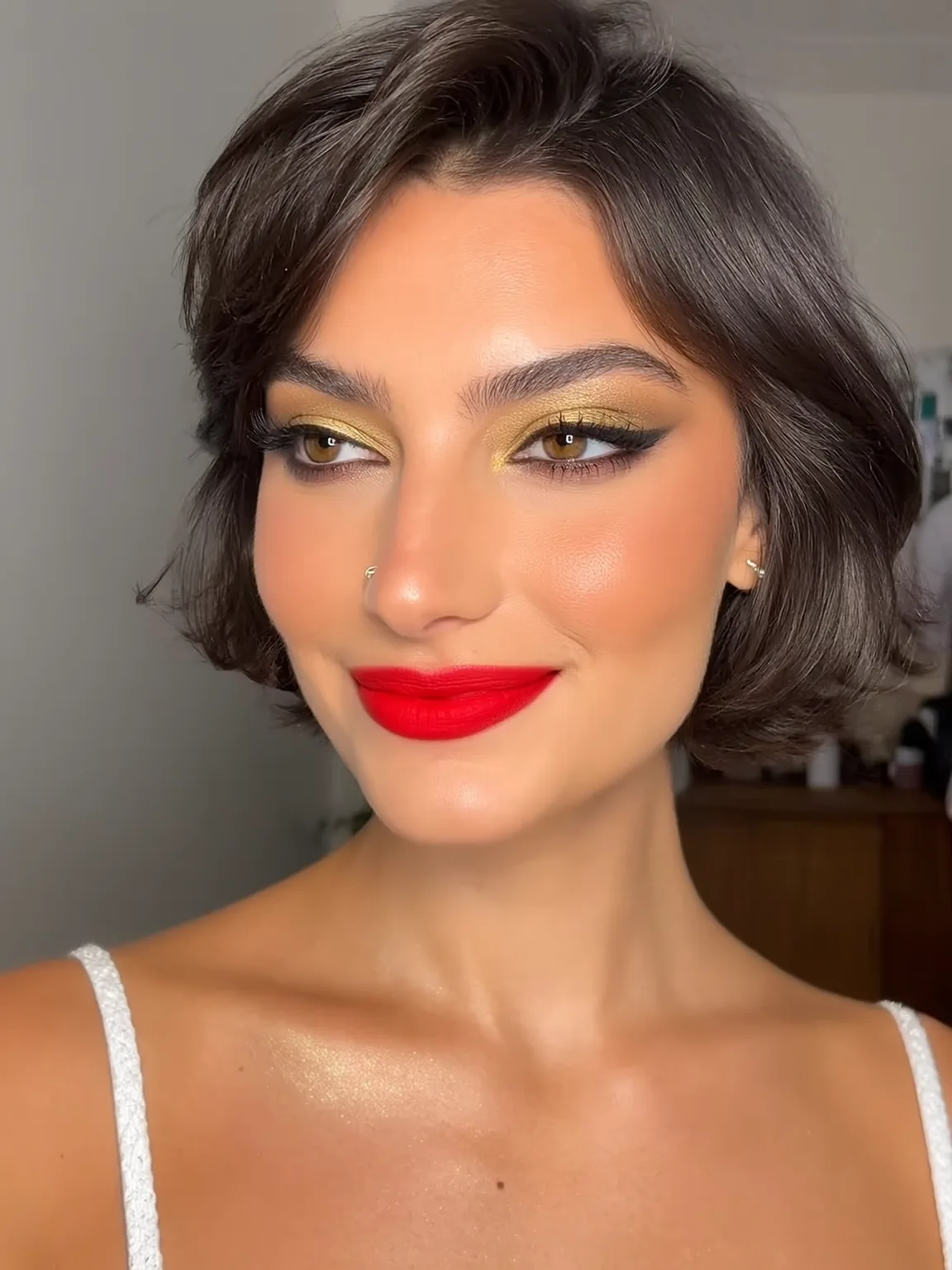 Sleek Dark Chocolate Bob with Side-Swept Bangs